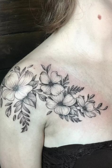 Dogwood Tattoo, Dogwood Flower Tattoos, Black Flowers Tattoo, Floral Tattoo Shoulder, Cross Tattoos For Women, Dogwood Flower, Flower Tattoo Shoulder, Sweet Tattoos, Flower Tattoo Sleeve