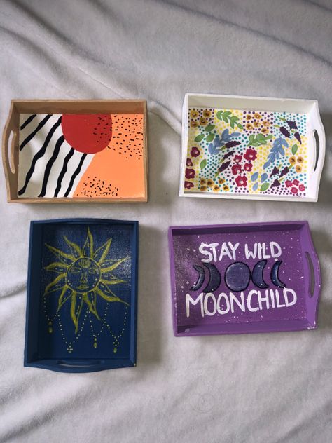 Small handpainted decorative trays Hand Painted Trays Ideas, Wooden Tray Painting Ideas, Painted Trays Ideas, Painted Wooden Tray, Tray Painting, Small Wooden Tray, Moon Board, Wooden Trays, Painted Items