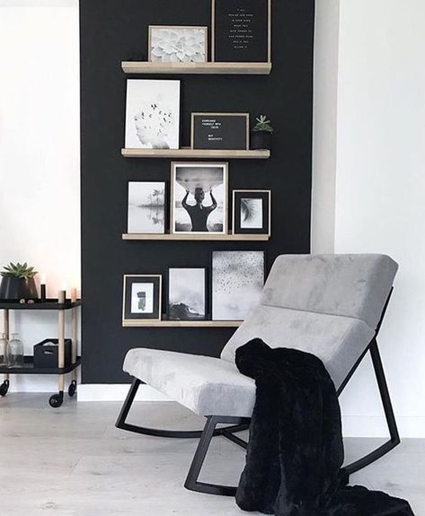 Black And White Living Room, Gallery Wall Inspiration, Chair Ideas, White Living, White Living Room, Living Room Decor Apartment, Black Wall, Living Room Inspo, Black Walls