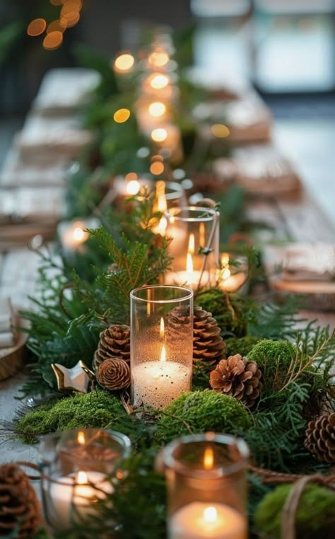 Christmas Table Centerpieces Ikea, Winter Forest Tablescape, Winter Wedding Simple Centerpieces, Forest Themed Christmas Decor, Winter Forest Wedding Centerpieces, January Wedding Table Decor, Hunter Green Bridal Shower Ideas, Woodland Winter Wedding, Pine Table Decor