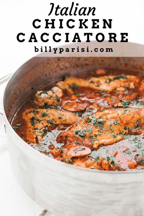 This amazing authentic chicken cacciatore recipe is seared and braised chicken in a delicious tomato mushroom and herb broth that is so easy to make. Herb Broth, Italian Chicken Cacciatore, Chicken Lickin, Stew Chicken, Billy Parisi, Cacciatore Recipes, Italian Stallion, Chicken Cacciatore Recipe, Peasant Food