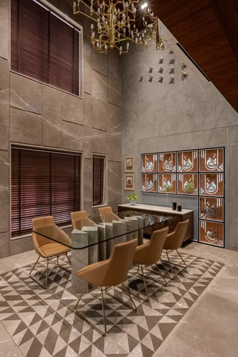 This Ahmedabad Bungalow Integrates Art into Design and the Results are Fashionably Functional Indian Residence Interior, Dinning Area Design Modern Wall, Living Area Tiles, Double Height Dining Room, Double Height Design, Modern Tropical House Interior, Dining Room Floor Plan, Modular Kitchen Cabinet, Tile Pattern Design