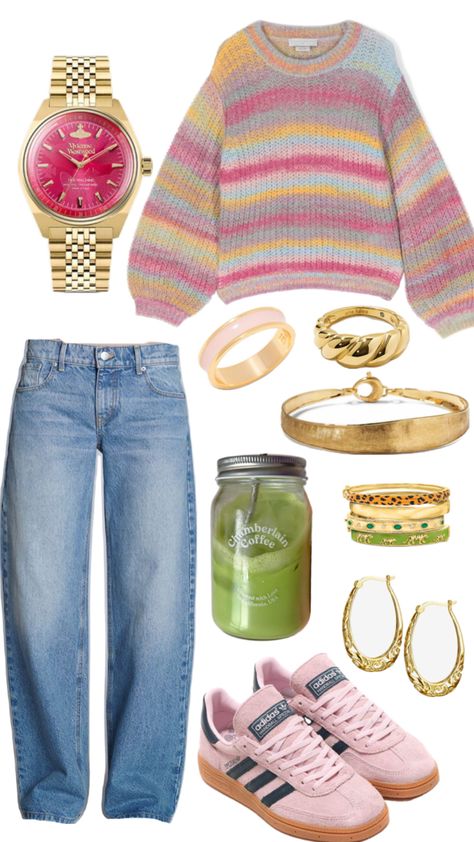 pink, green and gold! Happy Clothes Aesthetic, Funky Jeans Outfit, Funky Fits Aesthetic, Funky Girl Aesthetic, Bright Fun Outfits, Colorful Comfy Outfits, Cute Outfits Colorful, Funky Casual Outfits, Funky Clothes Aesthetic