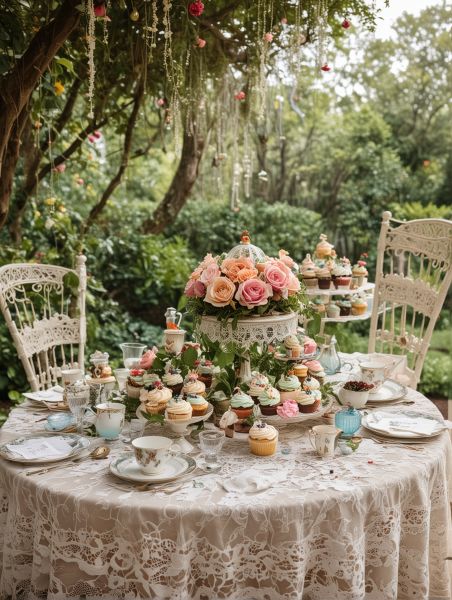 Woodsy Tea Party, Garden Tea Party Decorations, Birthday Table Setting Ideas, Cottagecore Tea Party, Cottage Couture, Birthday Table Setting, Rustic Tea Party, Tea Party Tablescape, Layered Table