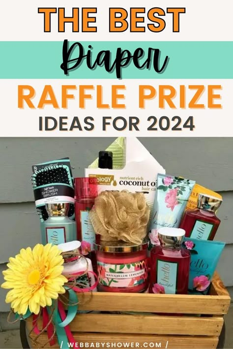 Looking for creative diaper raffle prize ideas to wow your guests at your baby shower? Check out 20 fabulous options that are both practical and fun! From baby-themed gifts to self-care goodies, we've got you covered – so start collecting and impressing your guests! #diaperraffleprize #babyshowerdiapergames Baby Shower Raffle Prizes Baskets, Gift Baskets For Baby Shower Prizes, Baby Shower Raffle Gift Basket Ideas, Baby Shower Raffle Basket, Gift Basket Ideas For Baby Shower Prizes, Baby Shower Door Prize Ideas, Baby Shower Prize Baskets, Shower Prize Baskets, Prize Ideas For Baby Shower Games