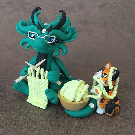 Knitting Dragon, Polymer Creatures, Polymer Figures, Dragons And Beasties, Polymer Dragon, Clay Critters, Clay Dragons, Baby Dragons, Clay Figurines