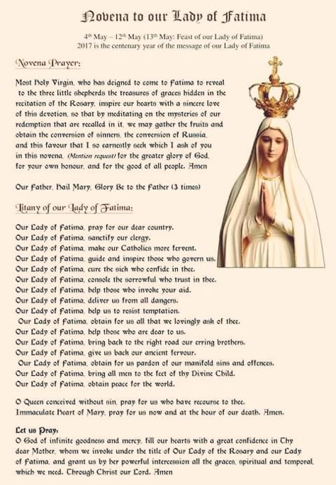 Novena to Our Lady of Fatima starts May 5th Novena To Our Lady Of Sorrows, Our Lady Of Fatima Novena, Novena Prayers Catholic, Our Lady Of Fatima Prayer, Litany Of The Blessed Virgin Mary, Marian Devotion, Our Lady Undoer Of Knots Novena, Novenas Catholic, Fatima Prayer