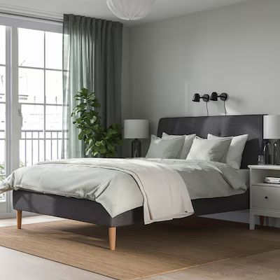 Upholstered Beds - Fabric Bed Frames - IKEA Gray Platform Bed, Grey Bed In Bedroom, Dark Grey Bed Frame, Ikea Queen Bed Frame, Grey Bed Frame Bedroom Ideas, Dark Grey Bed, Dark Gray Bed, Grey Upholstered Bed, Cama Ikea