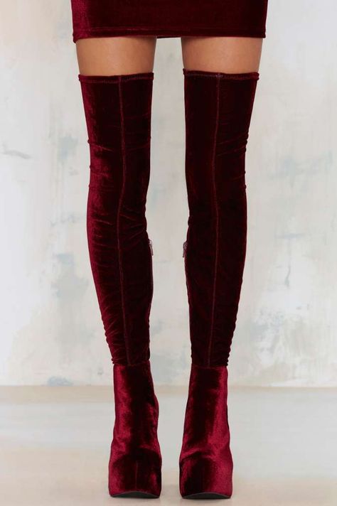 Jeffrey Campbell Bedelia Velvet Thigh-High Boot Thigh High Black Velvet Boots, Edgy Thigh-high Heeled Winter Boots, Red Velvet Thigh High Boots, Velvet Knee High Boots, Velvet Thigh High Boots, Elegant Burgundy Ankle-high Boots, Red Knee-high Heeled Boots For Evening, Velvet Boots, Dr Shoes