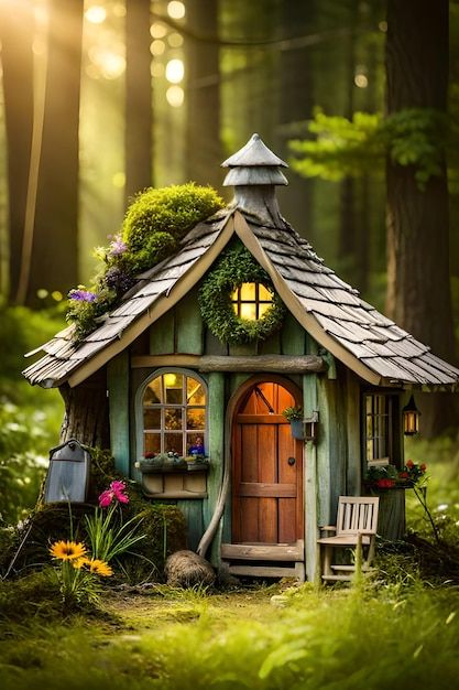 Una casita en un bosque con un banco y u... | Premium Photo #Freepik #photo #casa-madera #cabana #casa #casita Home Studio, Fairy House, Sweet Home