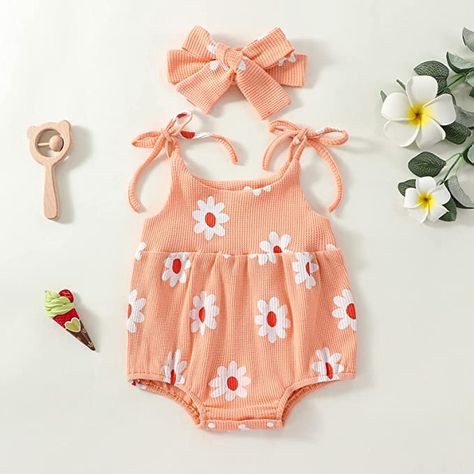 Kupretty Newborn Baby Girl Summer Clothes Sleeveless Strap Daisy Romper Bodysuit Jumpsuit Playsuits Cute Boho Outfit Peach Pink Flower Ribbed Romper, Girls Fit, Summer Baby Clothes, Headband Outfit, Floral Print Rompers, Romper Jumpsuit