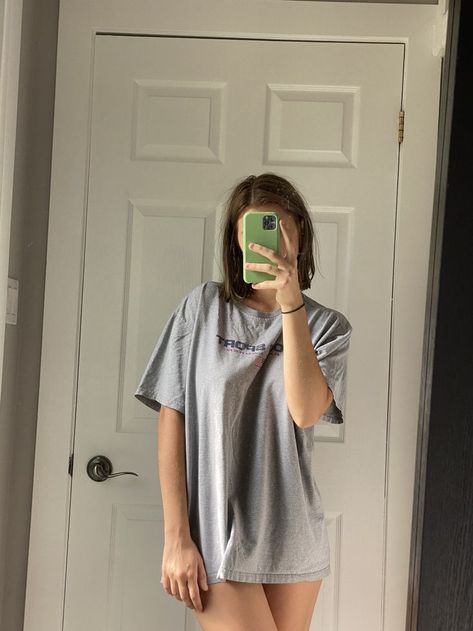 oversized t-shirt, green phone case, polo sport, polo, ralph lauren, grey t-shirt, short brown hair, oversized Oversized Tshirt Pyjamas, Oversized Shirt Pajamas, Oversized Sleep Shirt, Oversized Tshirt Pajamas, Oversized T-shirt, Oversized Crop Top Outfit, Morning Mirror Selfie, Brown Tshirt Outfit, Comfy Home Outfits