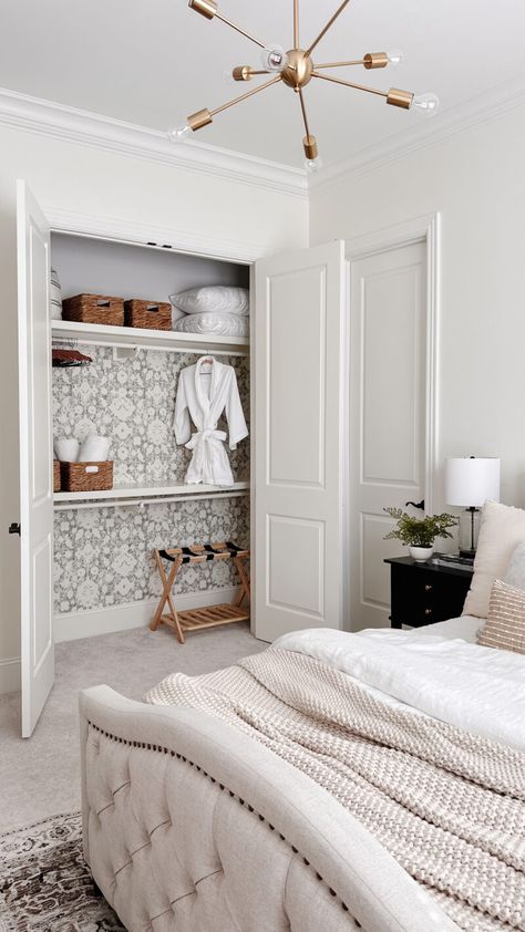 Guest Room Closet Design, Guest Closet Storage Ideas, Guest Bedroom Closet Organization, Guest Room Dressing Room Combo, Guest Closet Ideas, Feminine Guest Bedroom, Guest Room Closet Organization, Guest Bedroom Closet Ideas, Guest Room Closet Ideas