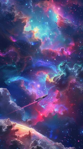 A vibrant aesthetic iPhone Galaxy background with a neon lit spaceship flying through a colorful galaxy. Galaxy Dark Aesthetic, Purple Aesthetic Galaxy, Neon Space Aesthetic Wallpaper, Neon Galaxy Aesthetic, Spaceship Aesthetic, Neon Galaxy, Dark Purple Galaxy Aesthetic, Background Galaxy, Galaxy Aesthetic