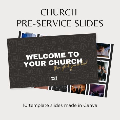 "Church preservice slides are an easy way to keep your congregation informed and involved in your church. Display your church's events and welcome your guests and members in a stylish way with these customizable church announcement slides created and edited in Canva.  DETAILS: * 10 Church Preservice Slides   -Welcome   -Worship with Us   -Social Media    -Connect with Us    -Ways to Give   -Growth Groups   -Youth Ministries   -Speaker/Host   -Discover Classes   -Event Highlight * Edit with your free Canva account. Desktop works best for editing! * Drag and drop your own photos into the preservice slides * Easily edit text, colors, and more * Church Preservice Slides are created as 1920x1080px graphics * Buyer must have working knowledge of Canva. Technical Support will not be included, but Church Announcements Slides, Church Social Media, Church Announcements, Church Calendar, Church Media Graphics, Church Lobby, Church Marketing, Social Media Church, Social Graphics