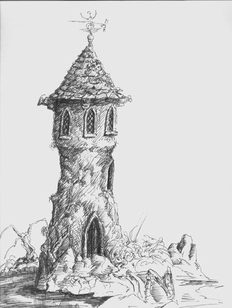 Wizard's Tower - Ink on paper. Early 1990s. Medieval Tower Drawing, Wizard Tower Tattoo, Diy Castle, Nanowrimo Prep, Tower Tattoo, Wizard Tower, Tower Drawing, Background References, Castle Tattoo