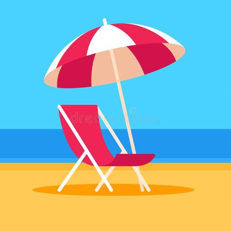 Beach scene with chair and umbrella. Summer vacation vector illustration. Beach scene with umbrella and beach chair, flat cartoon style stock illustration How To Draw A Beach Umbrella, Beach Chair Drawing, Beach Chairs Drawing, Beach Scene Illustration, Beach Umbrella Drawing, Deck Chair Illustration, Beach Chair Illustration, Umbrella Cartoon, Vacation Illustration