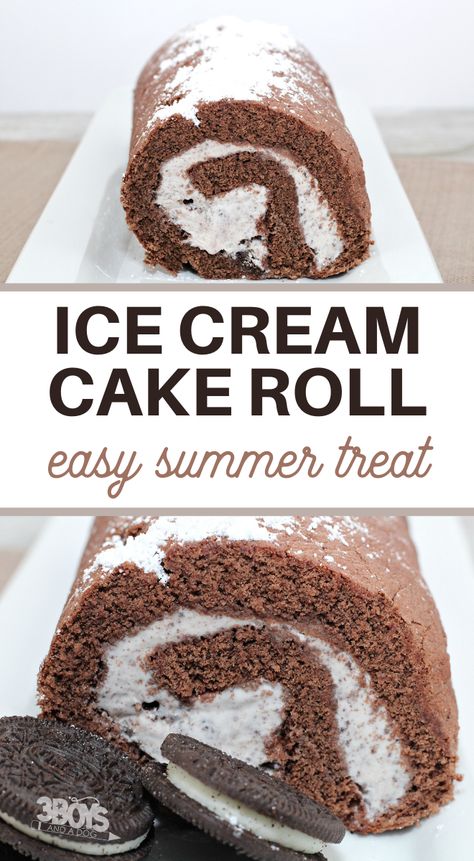 This Ice Cream Cake Roll is the best! If you like swiss roll cakes, you're going to go crazy for this sweet treat. It's a fast and easy way to get dessert on the table, fast. #icecreamdessert #swisscakeroll #easycakerecipe #3boysandadog Ice Cream Roll Cake, Chocolate Ice Cream Cake Roll, Cream Roll Cake, Ice Cream Cake Roll, Recipes Using Cake Mix, Easy Ice Cream Cake, Homemade Ice Cream Cake, Roll Cakes, Cream Roll