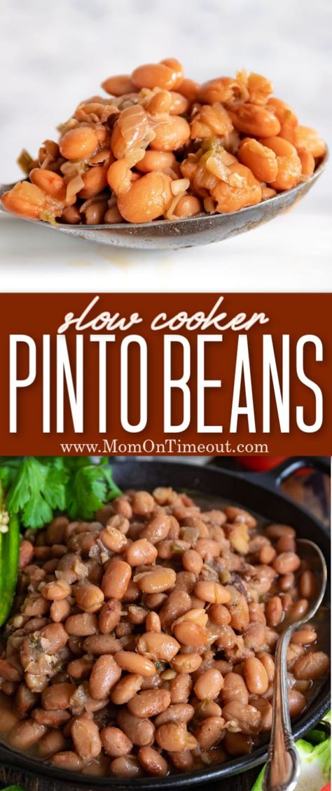 This easy Pinto Beans recipe yields the most delicious, amazing pinto beans you've ever had - without having to soak your beans! A simple blend of ingredients and spices turns that bag of dried beans into your new favorite side dish. Bonus: Makes amazing refried beans too! // Mom On Timeout #pintobeans #beans #beanrecipe #recipeforbeans #pintobeans #refriedbeans #slowcooker #crockpot 3 Bean Recipes, Crockpot Pinto Beans Recipe, Crock Pot Pinto Beans, Slow Cooker Pinto Beans, Beans Recipe Crockpot, Pinto Beans Recipe, Dry Beans Recipe, Cook Beans, Beans In Crockpot