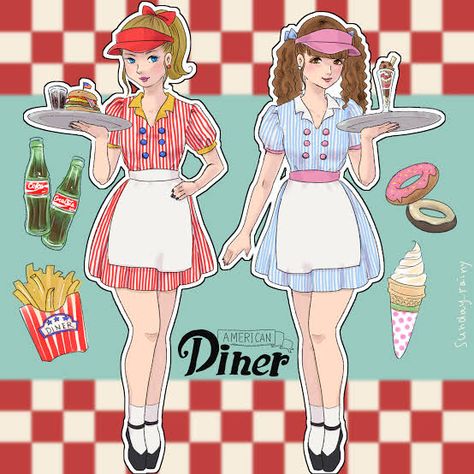 Diner Character Design, Diner Uniform Aesthetic, 80s Diner Aesthetic Outfit, Vintage Diner Outfits, Retro Diner Uniform, Diner Aesthetic Outfits, Diner Waitress Aesthetic, Waitress Character Design, Carhop Waitress