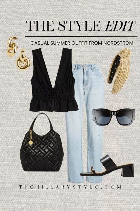 The Style Edit: Casual Summer Outfit Casual summer outfit for brunch, dinners out, vacation. Boyfriend jeans, light wash denim, black top, black plunge top, heeled sandals, quilted handbag, black sunglasses, raffia headband, gold hoop earrings. WAYF, Madewell, Hidden Jeans, Vince Camuto, AIRE, Lele Sadoughi, Bauble Bar. Summer outfit, casual summer outfit, jeans outfit. Light Denim Jeans Outfit, Black Sandals Outfit, Outfit For Brunch, Casual Dinner Outfit Summer, Dinner Outfit Summer, Straight Jeans Outfit, Casual Brunch Outfit, Summer Brunch Outfit, Denim Jeans Outfit