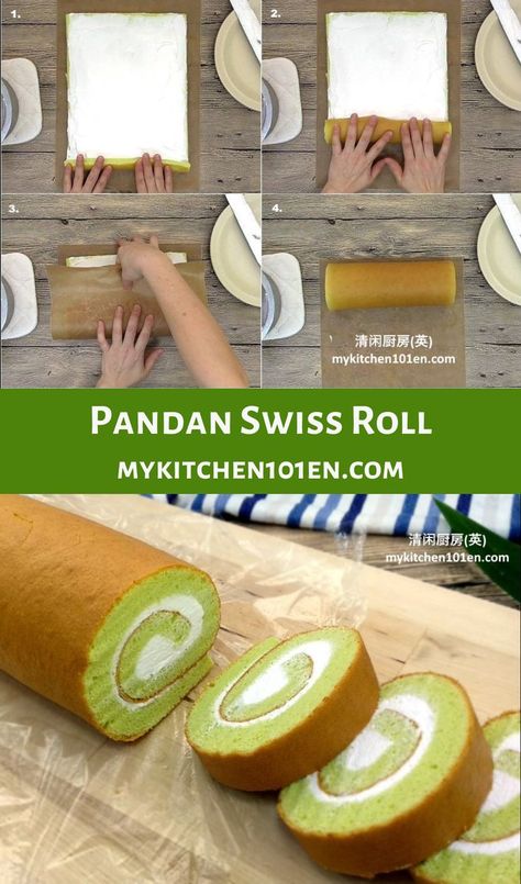 Chinese Swiss Roll Recipe, Japanese Swiss Roll Recipe, Pandan Swiss Roll, Japanese Roll Cake, Swiss Roll Cakes, Pandan Cake, Pandan Leaves, Asian Cake, Swiss Roll Cake