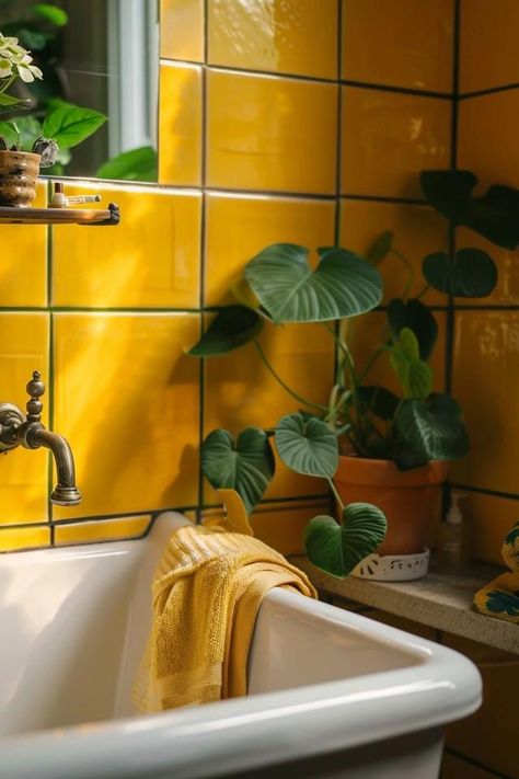 How To Decorate A Vintage Yellow Tile Bathroom: Retro Styling Bathroom With Yellow Tile, Yellow Tiles Bathroom, Vintage Yellow Tile Bathroom, Small Yellow Bathroom, Yellow Tile Bathroom Ideas, Yellow Bathroom Ideas, Yellow Tile Bathroom, Medium Bathroom, Vintage Yellow Bathroom