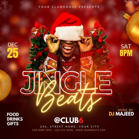 Christmas Dj Poster, Christmas Club Flyer, Christmas Party Flyer Design, Christmas Party Flyer, December Christmas, Flyer Design Layout, Christmas Flyer, Graphic Design Flyer, Flyer Ideas