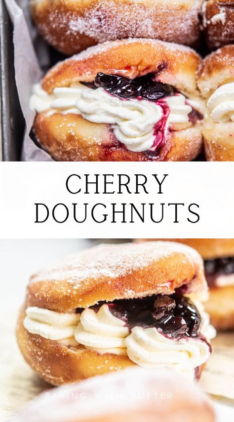 These fluffy cherry doughnuts are lavishly filled with whipped cream and homemade cherry preserves. All in a soft enriched doughnut base. Cherry Preserves, Homemade Donuts Recipe, Cherry Filling, Filled Donuts, Cherry Recipes, Homemade Donuts, Doughnut Recipe, Baked Donuts, Specialty Cakes