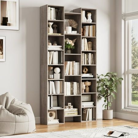 Homfa  21-Cube Bookcase and Bookshelves with Adjustable Shelves, Triple Width Open CD Display Storage Rack, Oak Cd Display, Wide Bookcase, Tall Bookshelves, Library Bookshelves, Clean Your Room, Open Bookshelves, Cube Bookcase, Furniture Bookshelves, Open Bookcase