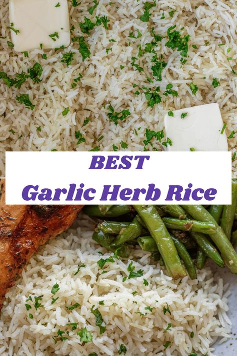 A bowl of garlic herb rice topped with minced fresh parsley. Garlic Herb Rice Recipe, Garlic Herb Rice, Starchy Sides, Herb Rice, Baked Turkey Wings, Parsley Recipes, Rice Side Dish Recipes, Rice Side, Rice Side Dishes