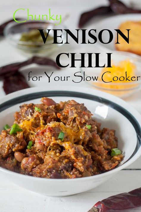 Chunky Venison Chili, Slow Cooker Version - Binky's Culinary Carnival Venison Chili Crockpot, Venison Chilli, Slow Cooker Venison Chili, Salad Pasta Recipes, Chili Slow Cooker, Slow Cooker Venison, Chili Crockpot, Venison Chili, Venison Recipes