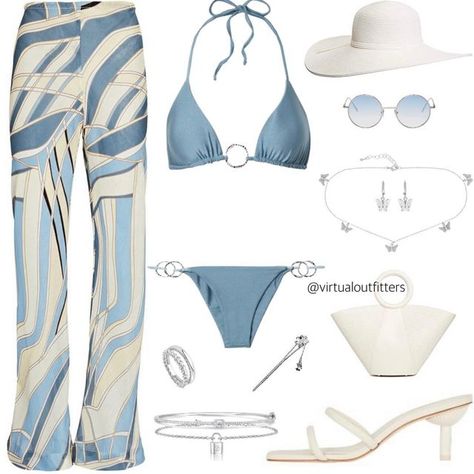 VIRTUALOUTFITTERS on Instagram: "beach day pt 2🤍 with @cultgaia • deets : paired the Claudia embellished trainable bikini with kersti printed wide leg pants to match the white tote and sandals and accessorised with a white hat, blue sunnies and silver jewellery. • follow @virtualoutfitters for more🤍" Luxury Beach Outfit, Outfit Aesthetic Vintage, Outwear Outfit, Outfits Con Jeans, Island Outfit, Swimsuits Outfits, Beach Wear Outfits, Instagram Beach, Printed Wide Leg Pants