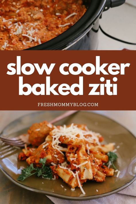 Need weeknight dinner inspiration? Try this Easy Baked Ziti made in the slow cooker. The crockpot baked ziti recipe with meatballs, marinara sauce and loaded with cheese. So EASY and so good, perfect for a big family meal!! Large family dinner ideas on FreshMommyBlog.com #BakedZiti #Ziti #Pasta #Penne #EasyDinner #Dinner #ItalianSausage Pioneer Woman Baked Ziti, Ziti With Meatballs, Large Family Dinner Ideas, Baked Ziti With Meatballs, Slow Cooker Baked Ziti, Meatballs Marinara, Shake Recipes Healthy, Slow Cooker Pasta Recipes, Slow Cooker Barbacoa