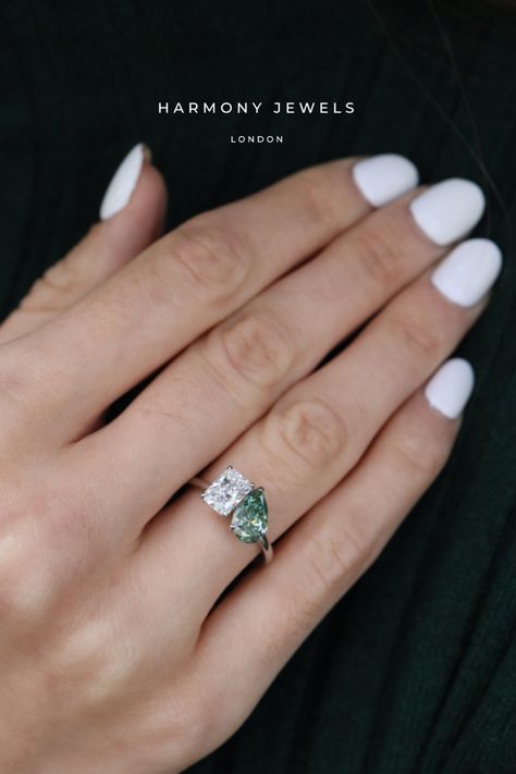 Diamond And Peridot Ring, Peridot And Diamond Engagement Rings, Unique Engagement Rings Color, Non Engagement Diamond Rings, Colour Engagement Ring, Pink Emerald Cut Engagement Ring, Emerald Ring Designs For Women, Green Engagement Rings, Teen Ring