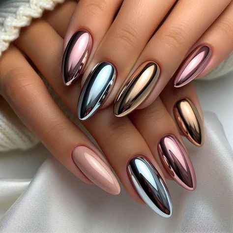 20 Stunning Chrome Nails Ideas 2025 for Fall, Summer & Acrylic Designs Chrome Powder Ombre Nails, Chrome Nails With Sparkles, Gel Nail Designs Chrome, Chrome And Cat Eye Nails, Chrome Halloween Nails, Gel Chrome Nails, Chrome Nail Designs, Chrome Tips, Metallic Nails Design