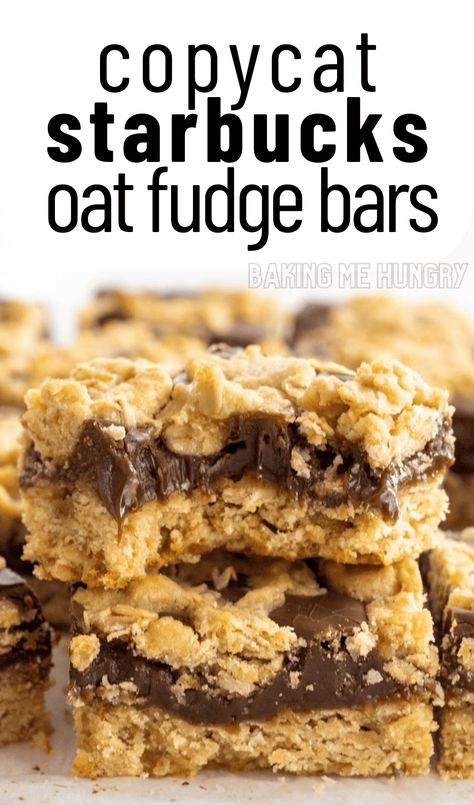 This Starbucks Oat Fudge Bars Recipe is one of those copycat recipes that everyone will love. These oatmeal bars are delicious treats! Starbucks Chocolate Oat Bar Recipe, Starbucks Oat Fudge Bar Recipe, Starbucks Oatmeal Fudge Bars, Oat Fudge Bars Starbucks, Gourmet Bars Recipes, Starbucks Oatmeal Bars, Fudge Oatmeal Bars, Cookie Fudge Bars, Oatmeal Chocolate Bars Recipe