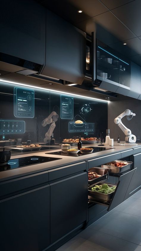 Create a tech-integrated kitchen, incorporating devices and systems that enhance cooking and organization in compact spaces. Smart Small Kitchen, Futuristic Kitchen Design, Backyard Outdoor Living, Living Decor Ideas, Small Kitchen Designs, Small Kitchen Remodel Ideas, Elegant Backyard, Kitchen Cupboard Designs, Small Kitchen Remodel