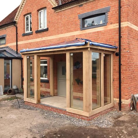 Front Of House Extension Ideas, Enclosed Front Porch Ideas Entrance, Front Porch Extension Ideas, Glazed Porch, Bungalow Porch, Enclosed Front Porches, Open Porch, Porch Extension, Timber Frame Porch