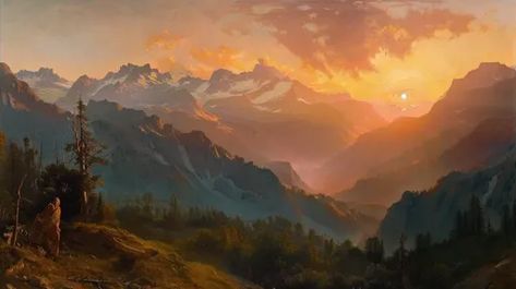 ↑↑↑ Larger size on website 🔸 A landscape painting depicts a mountain range at sunset. The sun is setting behind the mountains, ca 🔸 From Midjourney AI Image Fantasy Mountain Range, Mountain Landscape Painting, Sunset Glow, Landscape Mountain, Fantasy Novel, Mountain Range, Mountain Landscape, Fantasy Landscape, Landscape Painting