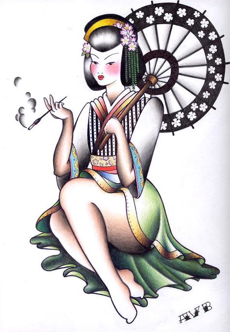 Classic Tattoo Art Geisha Pinup Tattoo, Pin Up Girl Tattoo, Geisha Tattoo, Geisha Art, Japanese Tattoos, Pinup Art, Asian Tattoos, Pin Up Tattoos, Outdoors Tattoo