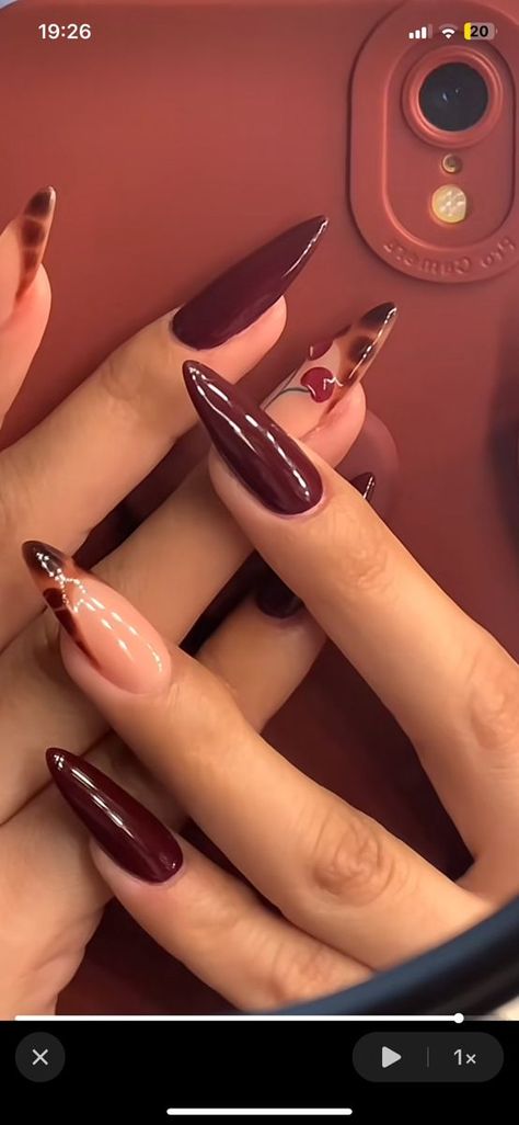 Maroon Leopard Nails, Fall Nails Cherry Mocha, Fall Acrylic Nails Burgundy, Almond Cherry Mocha Nails, Red Wine Nails Acrylic, Oval Burgundy Nails, Burgundy Christmas Nail Ideas, Cherry Wine Nails With Design, Mocha Cherry Nails