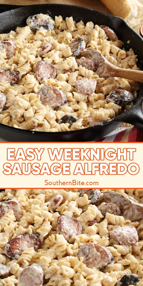 Kielbasa Alfredo Pasta, Sausage Alfredo Pasta Recipes, Smoked Sausage Alfredo, Sausage Alfredo Pasta, Bacon Pasta Recipes, Sausage Alfredo, Picnic Potluck, Sausage Recipes For Dinner, Smoked Sausage Recipes