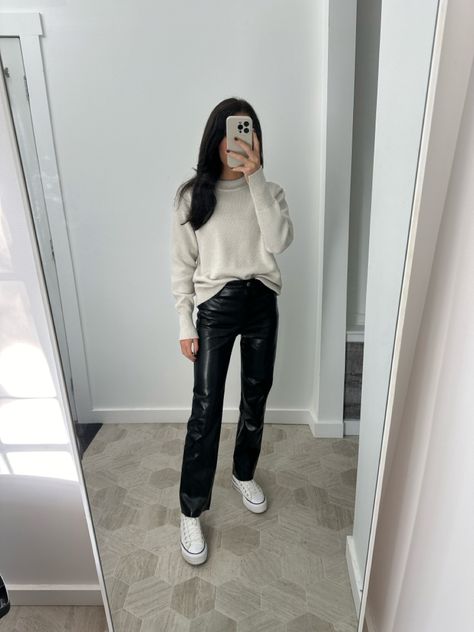 Fashion, outfit, fall style Leather Leggings And Converse Outfit, Leather Pants Converse Outfit, Melina Pants Outfit, Melina Pant Outfit, Leather Pants With Sneakers, Casual Lunch Outfit, Wilfred Melina Pant, Leggings And Converse, Melina Pants