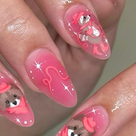 Claudia Brooks🍓✿°• on Instagram: "Well there you have it: Cowboy Raccoons 💗✨ Art by @kittystrand ✨ • • • • • • #raccoonnails #cowboyraccoons #raccoons #summernails #trendynails #cutenails #nailinspo #sculptednails #acrylicnails #okcnails #okcnailartist" Raccoon Nail Art, Possum Nail Art, Raccoon Nails, Raccoon And Opossum, Raccoon And Opossum Art, Raccoon And Possum Drawing, Character Nails, Mack Up, Nail Appointment