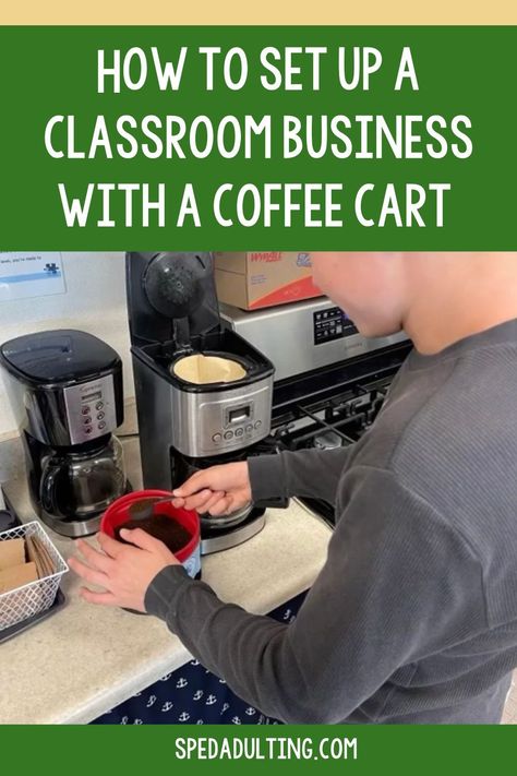 Having a classroom-based business in your special education classroom has so many benefits. It allows students to practice vocational skills, independence, money math skills, cooking skills and more. If you are looking for a great school-based business idea for your special education students, a coffee cart is the perfect place to start. Here you will learn how to set up and run a coffee cart business in your school along with helpful tips for running a student-based business in your school. Classroom Business Ideas, Coffee Cart Business, Vocational Activities, Teacch Tasks, Vocational Tasks, High School Special Education, Functional Life Skills, Vocational Skills, Tips For Running