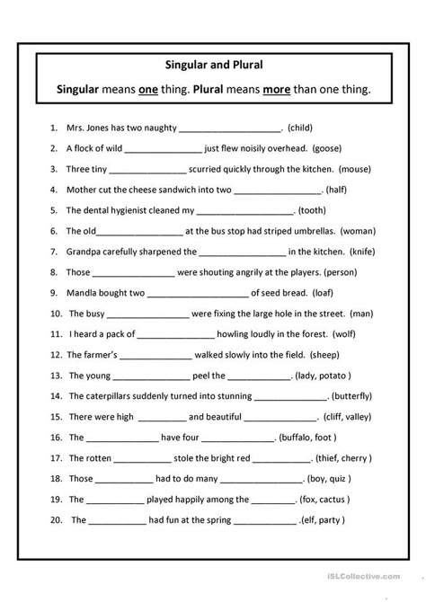 Singular and Plural - English ESL Worksheets for distance learning and physical classrooms Singular And Plural Nouns Worksheet, Plural Nouns Worksheet, Plurals Worksheets, 6th Grade English, Singular Plural, 6th Grade Worksheets, Singular And Plural Nouns, English Grammar Exercises, Bahasa China