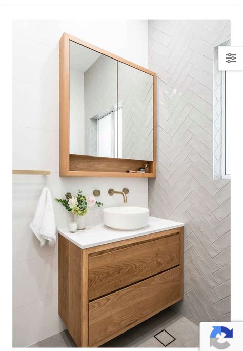 Bathroom Feature Wall, Timber Vanity, Scandinavian Bathroom, Herringbone Tile, Bathroom Inspiration Decor, Bad Design, Laundry In Bathroom, House Bathroom, Bathroom Styling