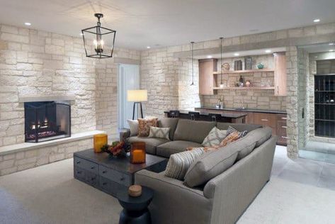 Top 50 Best Basement Pole Ideas - Downstairs Column Cover Designs Basement Furniture Layout, Basement Pole Ideas, Basement Home Bar, Classic Transitional Living Room, Basement Pole Covers, Corner Fireplace Furniture Arrangement, Transitional Basement, Bar Pictures, Basement Poles