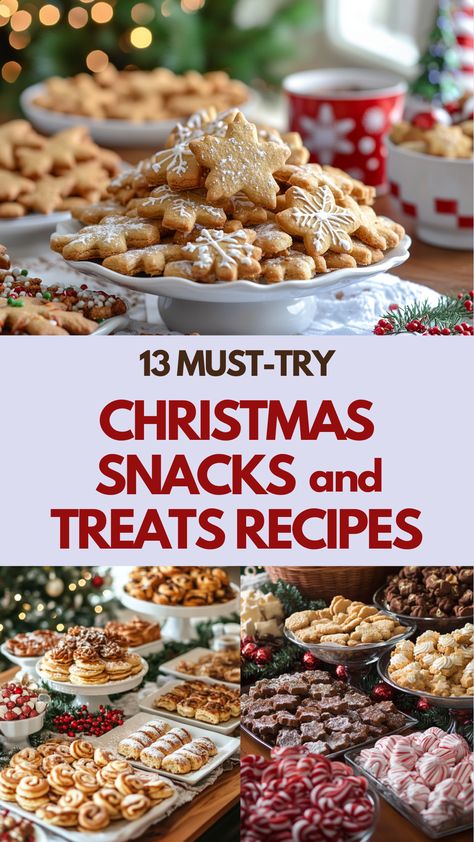 An assortment of Christmas snacks and treats, including peppermint bark, gingerbread cookies, and holiday snack mixes, beautifully arranged on a festive table with holiday decorations, perfect for holiday gatherings, gifts, and cozy celebrations. Individual Christmas Treats Gift Ideas, Christmas Food Treats For Gifts, Christmas Snacks For Gifts Easy Diy, Christmas Snack Tray For Kids, Holiday Treats To Give As Gifts, Sweet And Savory Christmas Treats, Favorite Christmas Treats, Holiday Snacks Christmas Savory, Christmas Movie Night Snack Board